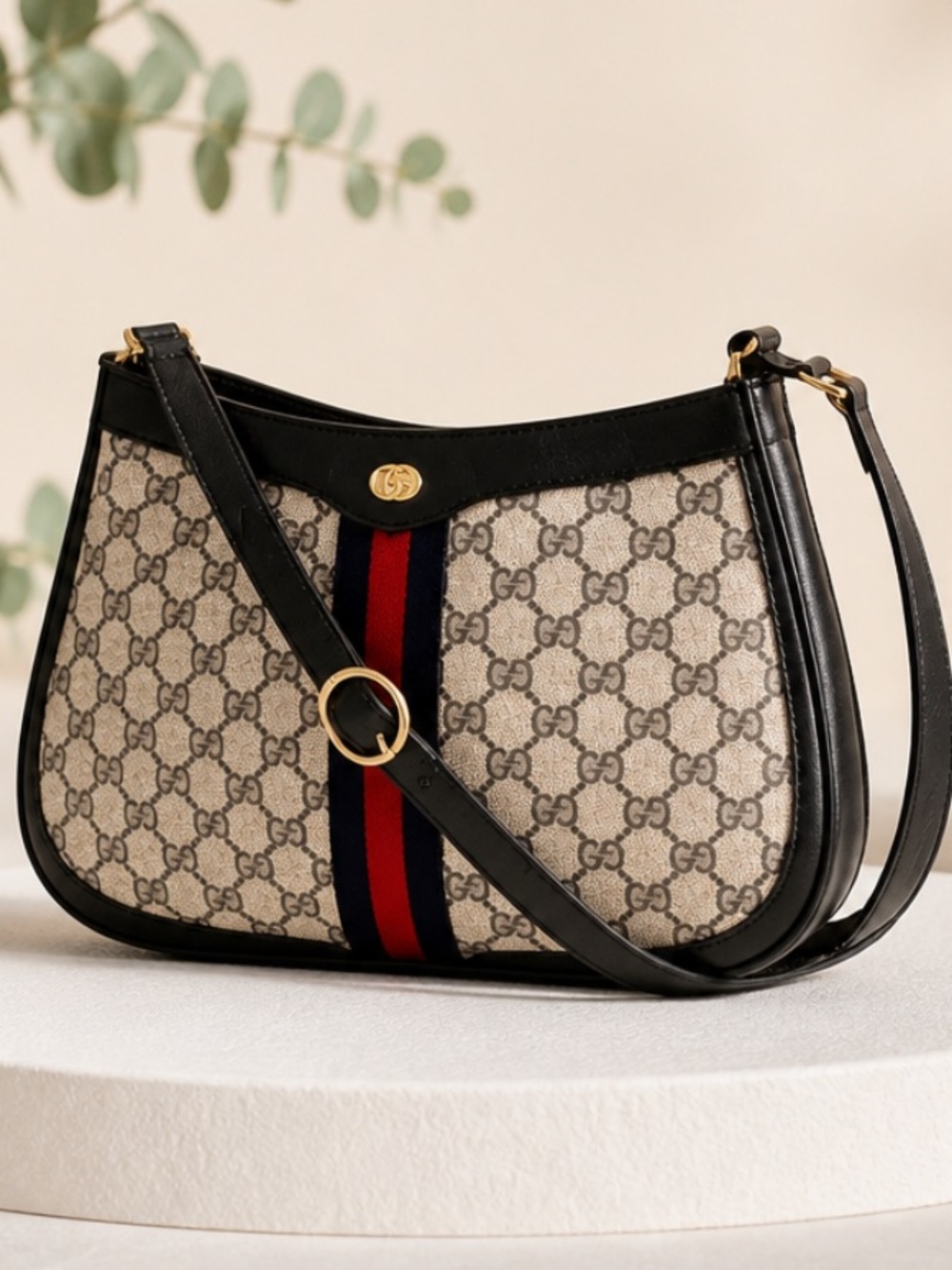 Authentic Gucci Sherry Line GG Canvas navy/red Shoulder Bag.